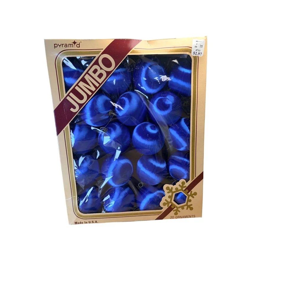 Pyramid Satin-Sheen Christmas Ornaments Jumbo Blue Vintage 19 pc Good Retro MCM